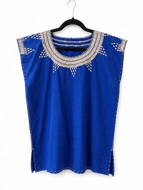 Mexican Handmade Embroidered Huipil Royal Blue SZ S/M